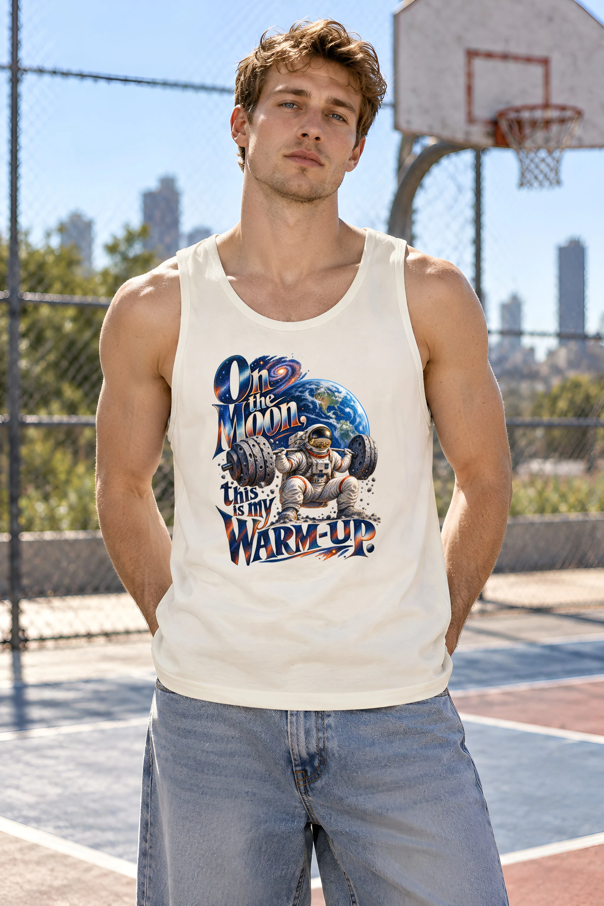 "On the Moon, Warm-Up" Unisex Jersey Tank