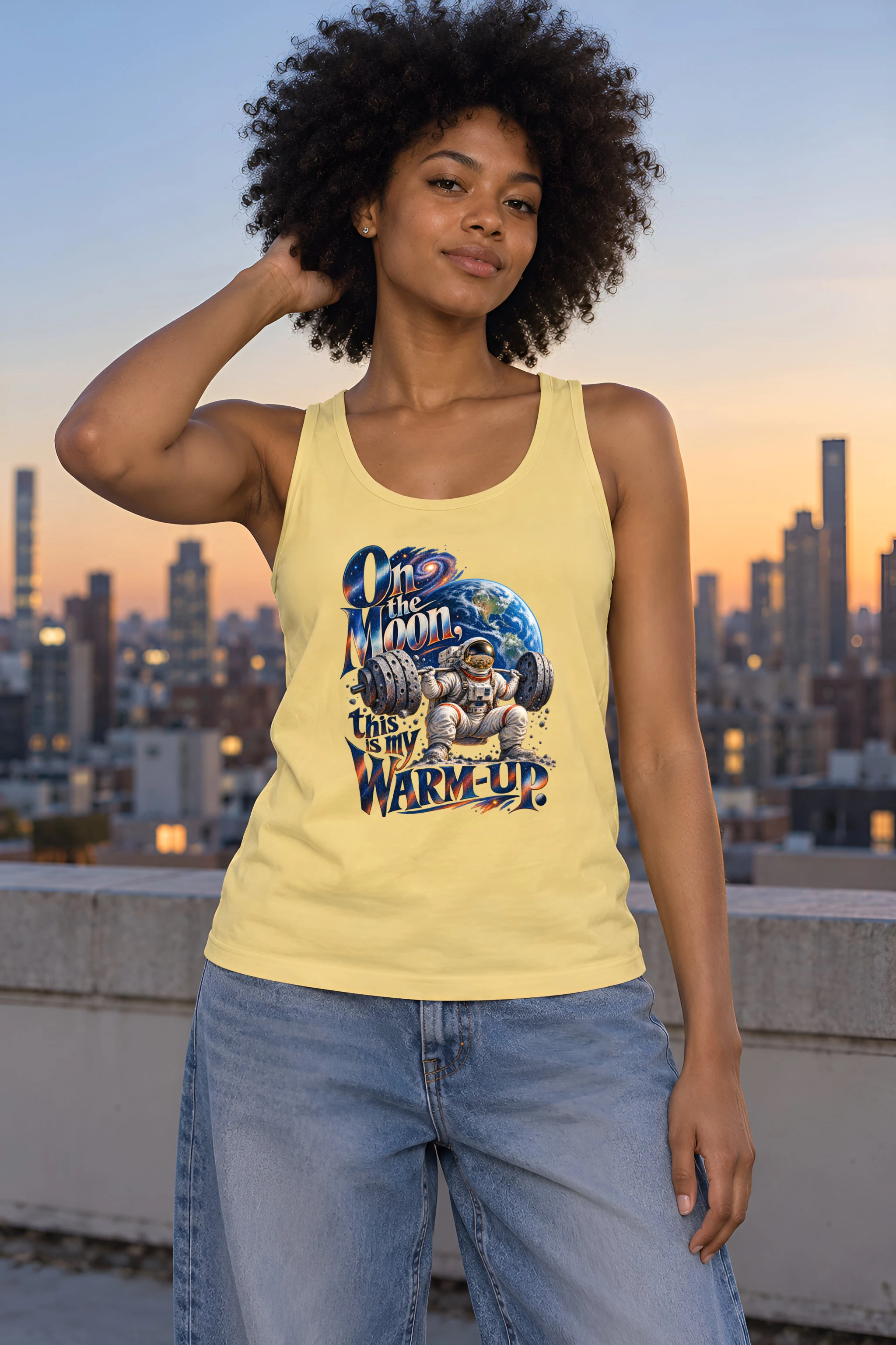 "On the Moon, Warm-Up" Unisex Jersey Tank