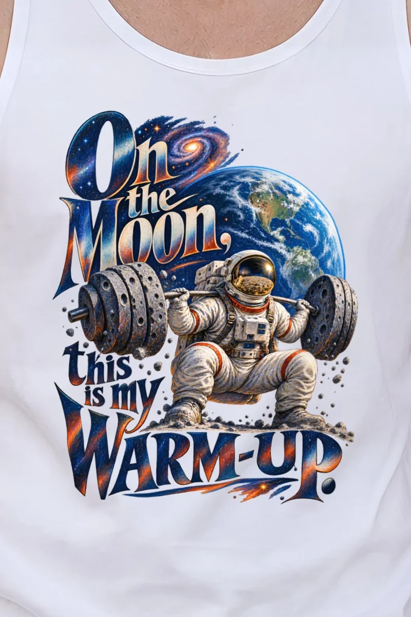 "On the Moon, Warm-Up" Unisex Jersey Tank - the graphic up close