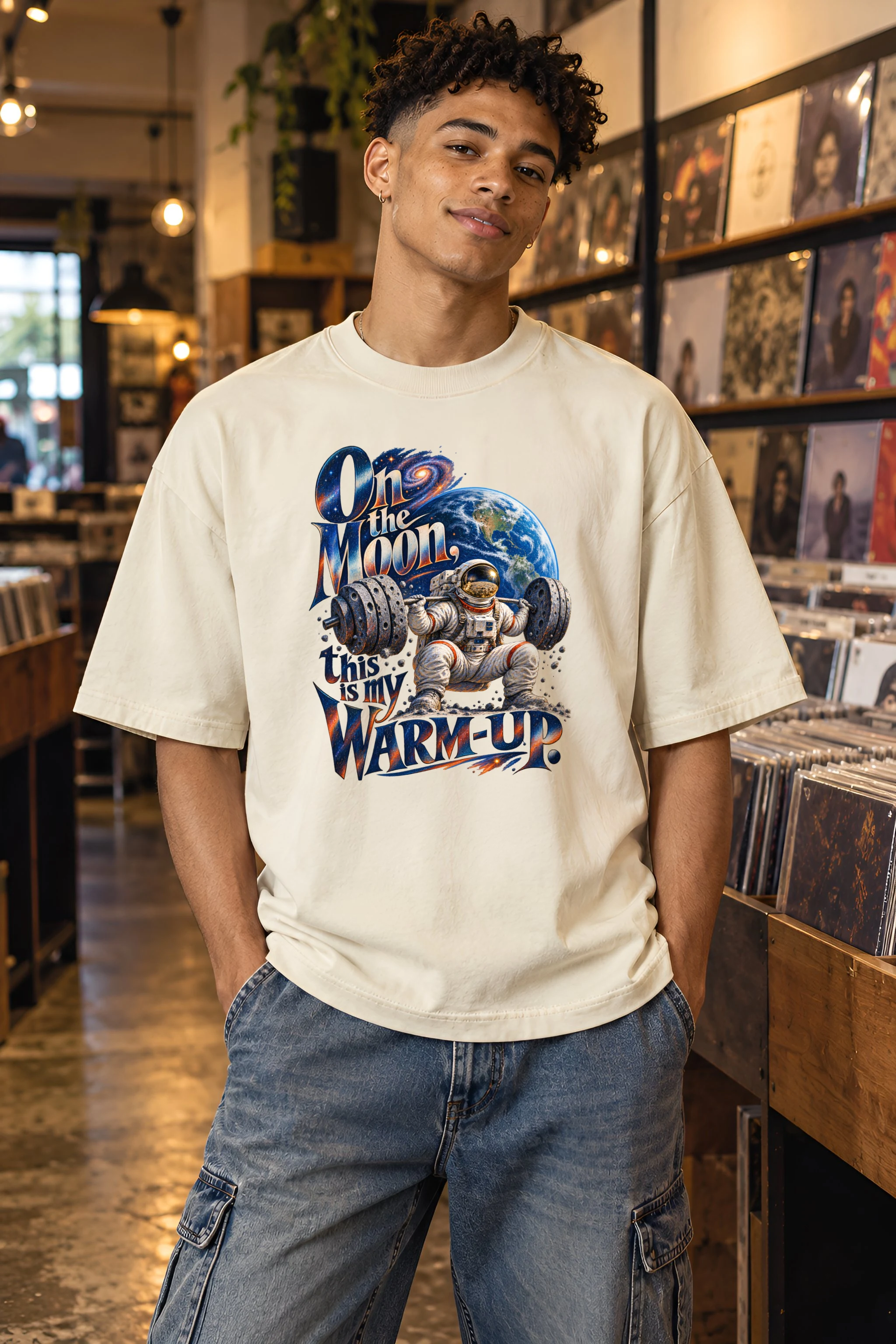 "On the Moon Warm-Up" Unisex Oversized Heavyweight Crewneck T-Shirt