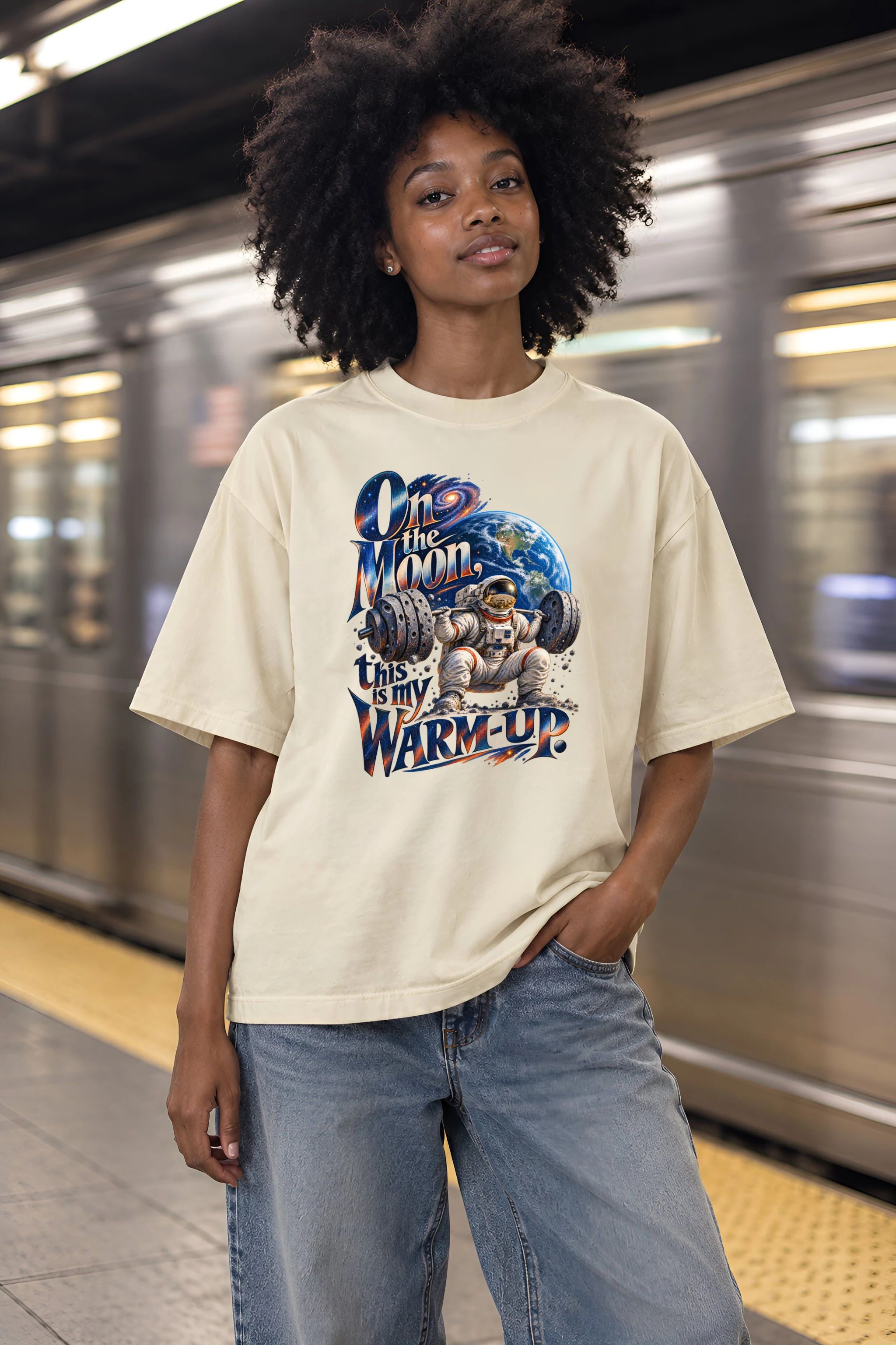 "On the Moon Warm-Up" Unisex Oversized Heavyweight Crewneck T-Shirt