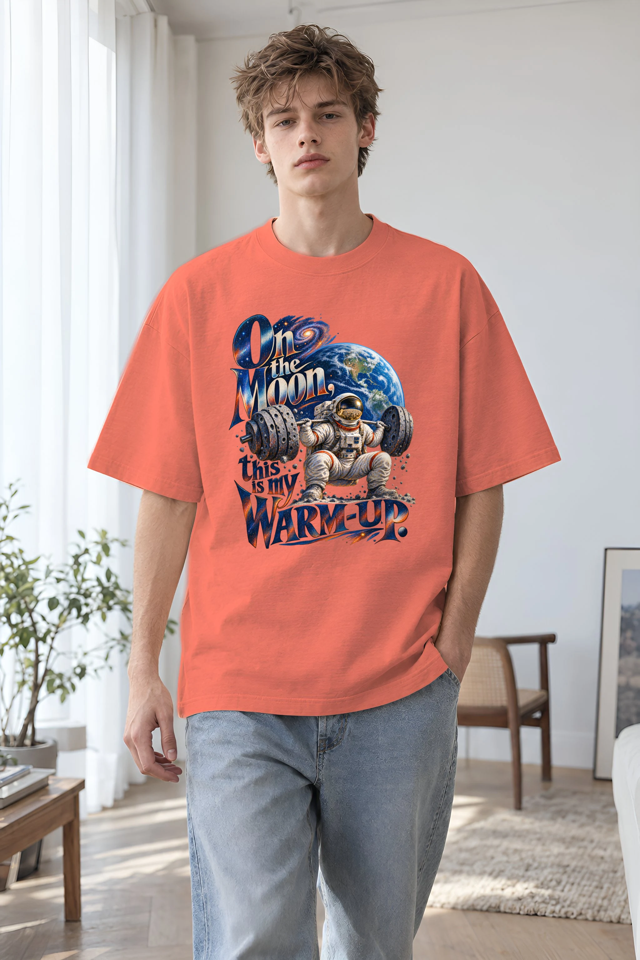 "On the Moon Warm-Up" Unisex Oversized Heavyweight Crewneck T-Shirt