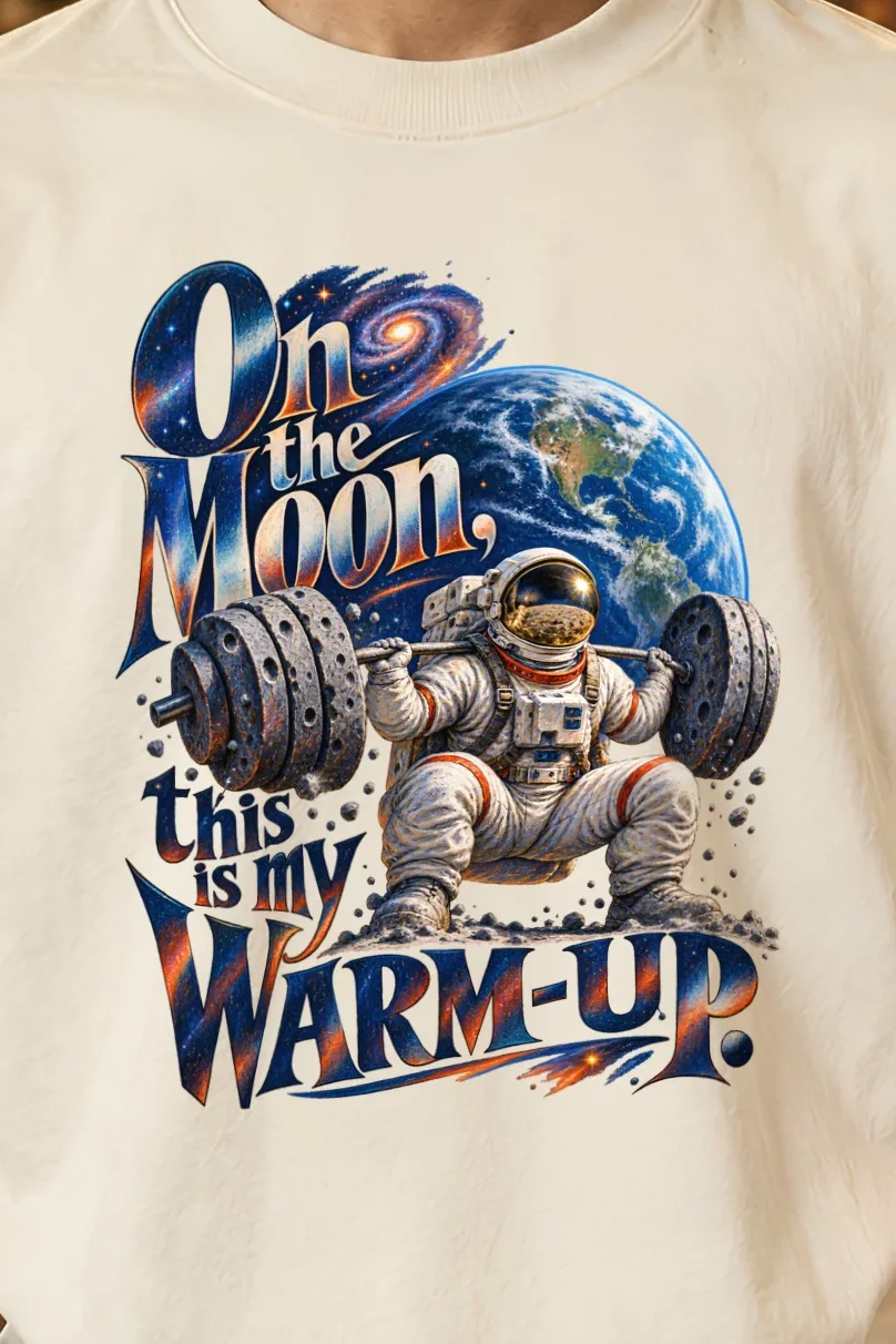 "On the Moon Warm-Up" Unisex Oversized Heavyweight Crewneck T-Shirt - the graphic up close