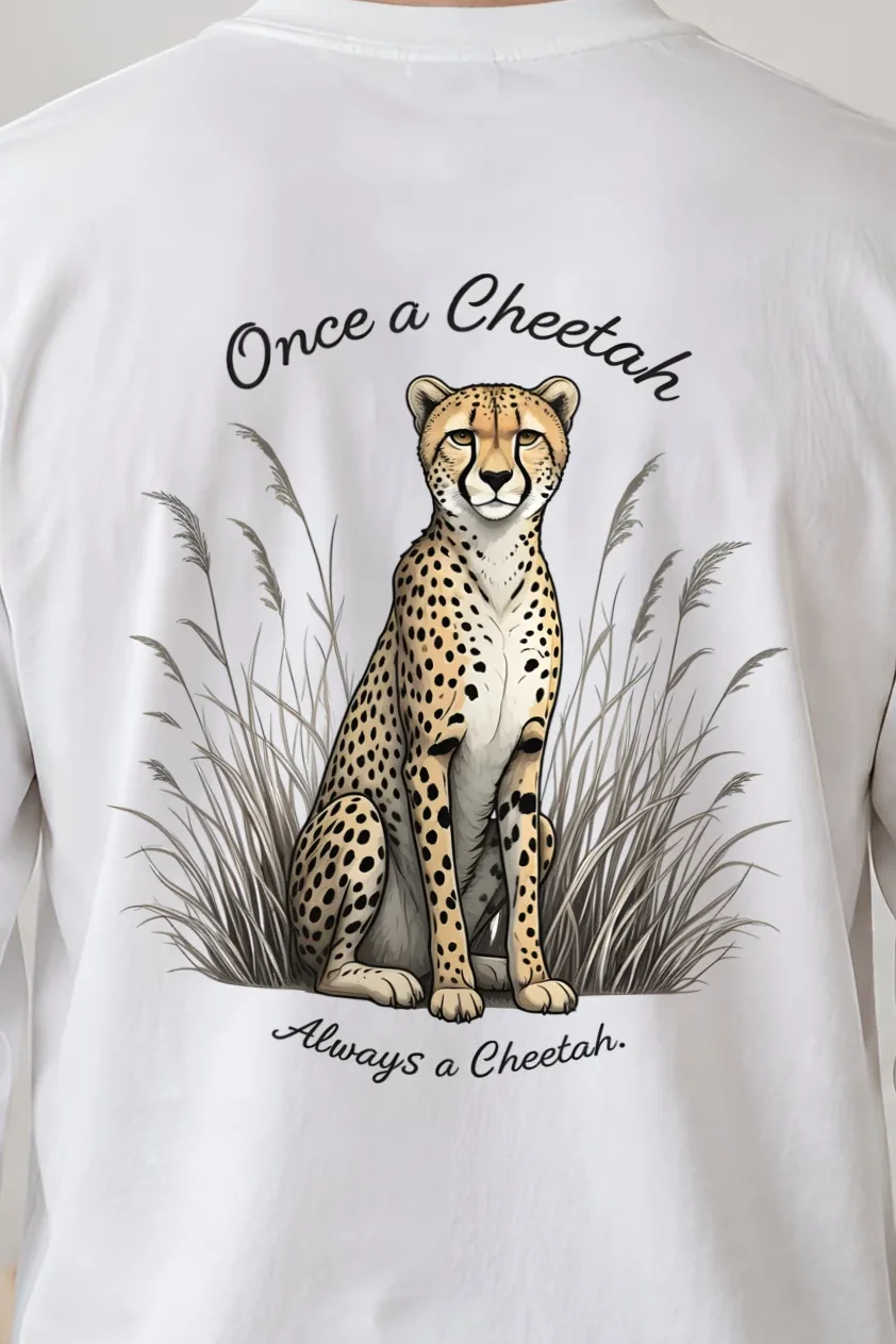 "Once A Cheetah" Unisex Longsleeve T-shirt - the graphic up close