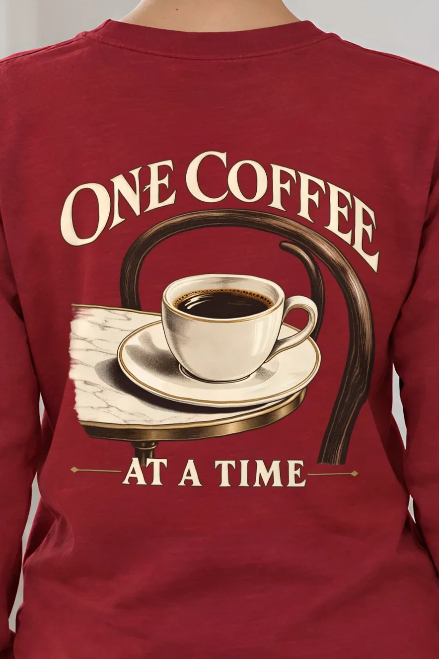 "One Coffee At A Time" Unisex Longsleeve T-shirt - the graphic up close