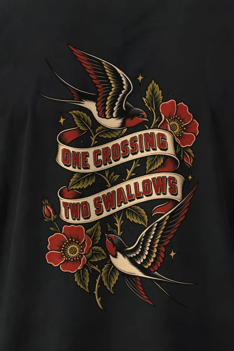 "One Crossing Two Swallows" Men’s Oversized Heavyweight Crewneck T-Shirt - the graphic up close