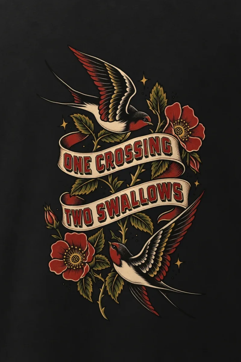 "One Crossing Two Swallows" Men’s Oversized Heavyweight Crewneck T-Shirt - the graphic up close