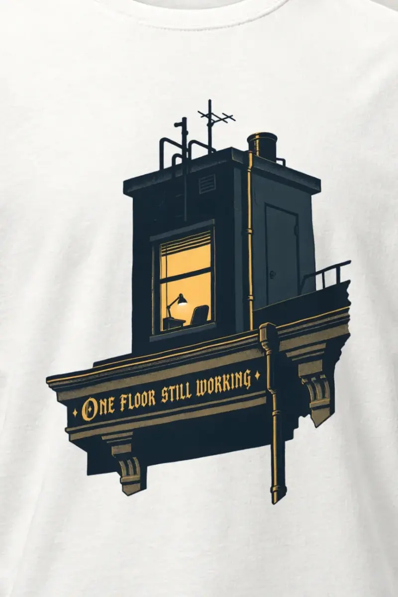 "One Floor Still Working" Heavyweight Unisex Crewneck T-shirt - the graphic up close