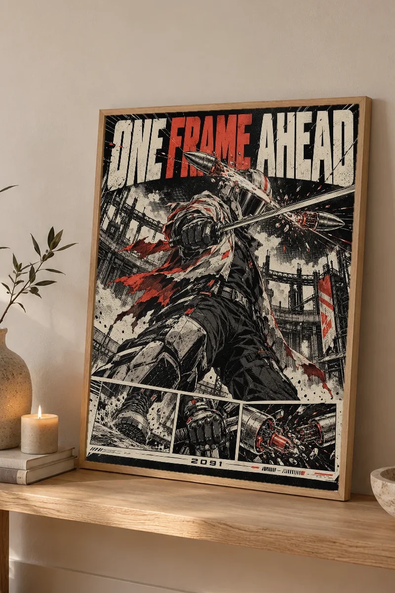 "One Frame Ahead" Premium Wooden Framed Poster - the graphic up close