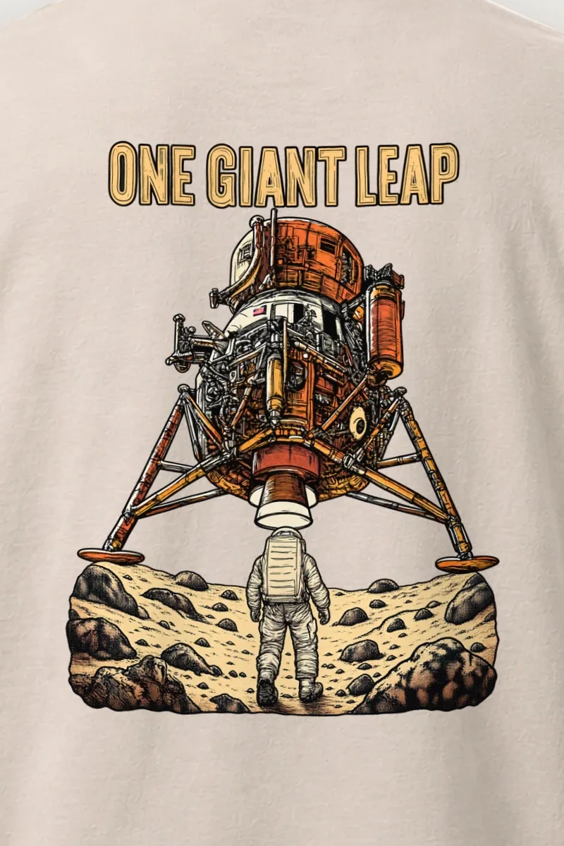 "One Giant Leap" Heavyweight Unisex Crewneck T-shirt - the graphic up close