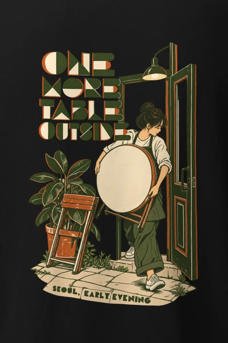 "One More Table Outside" Heavyweight Unisex Crewneck T-shirt - the graphic up close