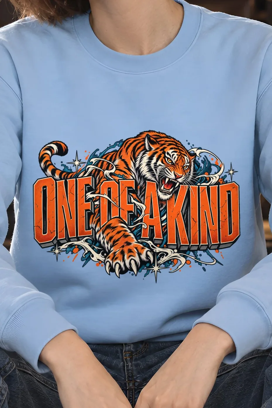 "One Of A Kind Tiger" 1 Crewneck Sweatshirt - the graphic up close