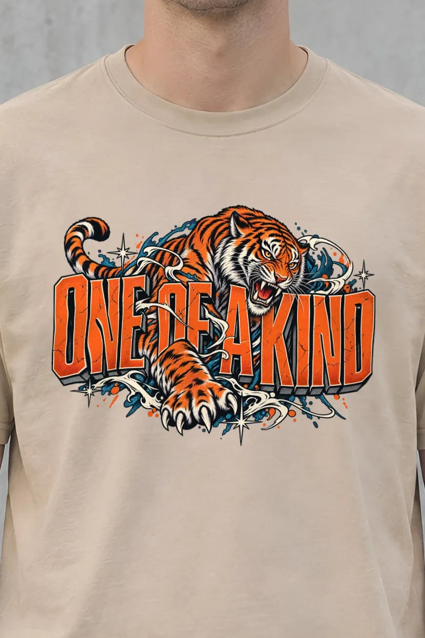 "Roaring Tiger Script" Heavyweight Unisex Crewneck T-shirt - the graphic up close