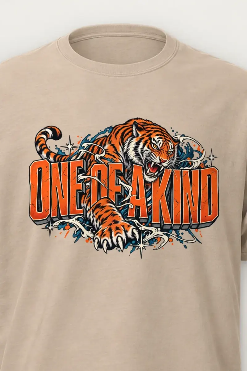"Roaring Tiger Script" Heavyweight Unisex Crewneck T-shirt - the graphic up close
