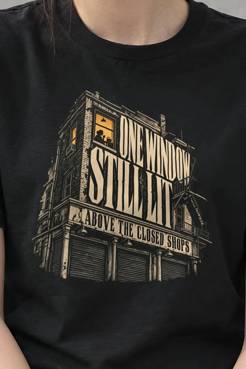 "One Window Still Lit" Heavyweight Unisex Crewneck T-shirt - the graphic up close