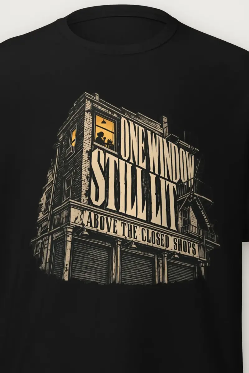 "One Window Still Lit" Heavyweight Unisex Crewneck T-shirt - the graphic up close