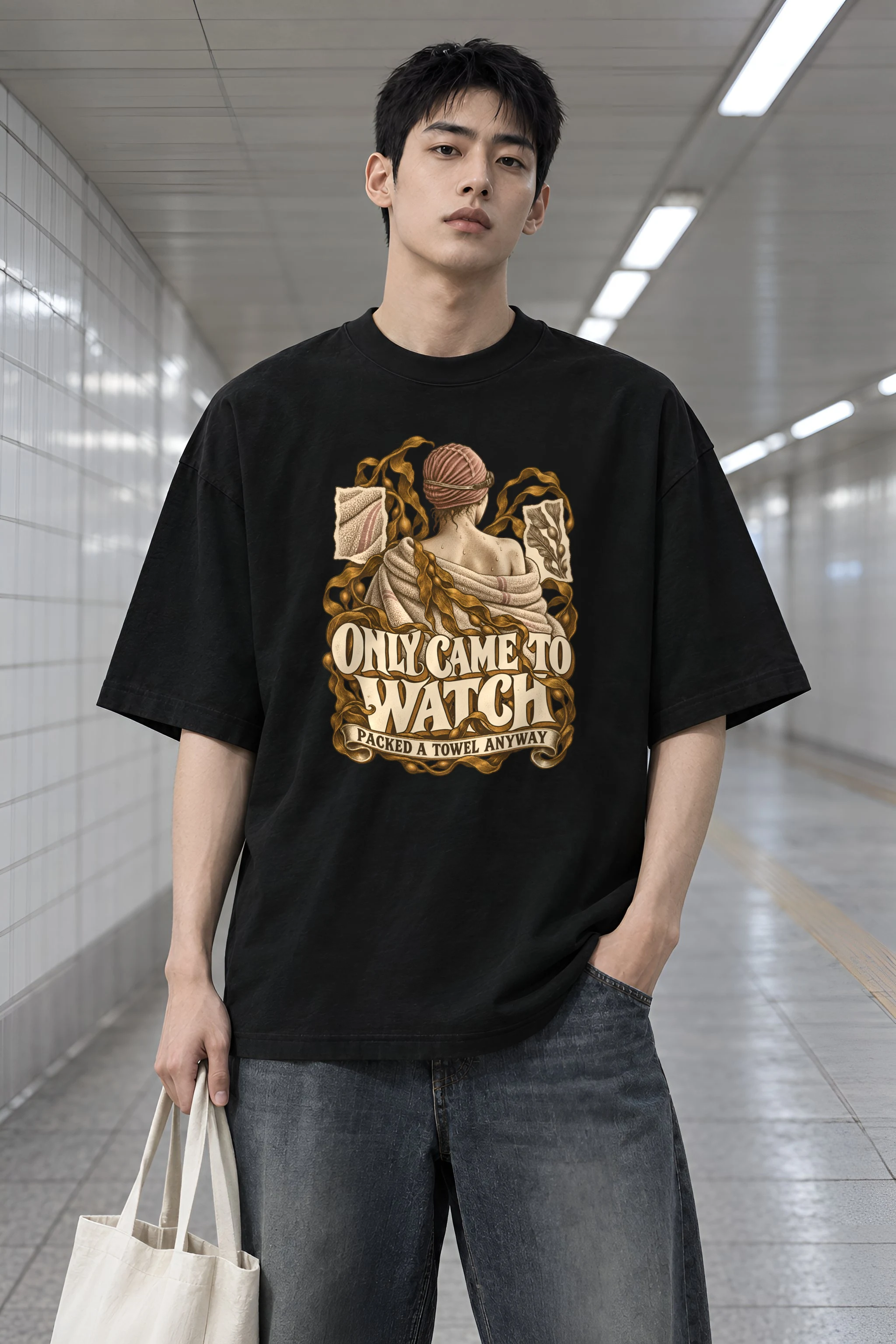 "Only Came to Watch" Men's Oversized Heavyweight Crewneck T-Shirt