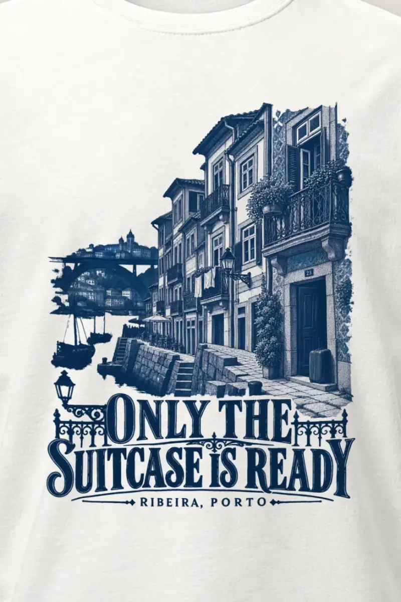 "Only the Suitcase Is Ready" Heavyweight Unisex Crewneck T-shirt - the graphic up close