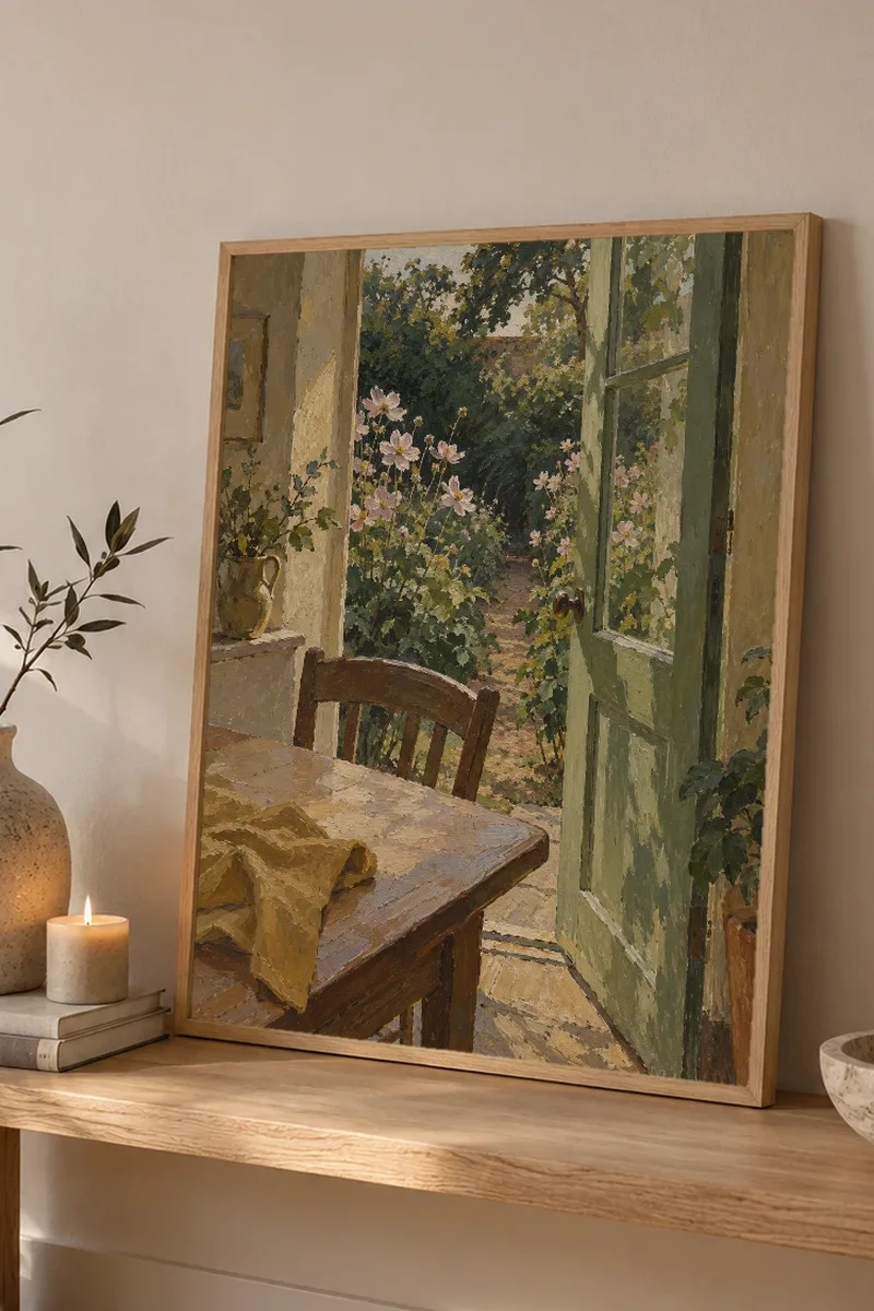 "Open Garden Door Painting" Premium Wooden Framed Poster - the graphic up close