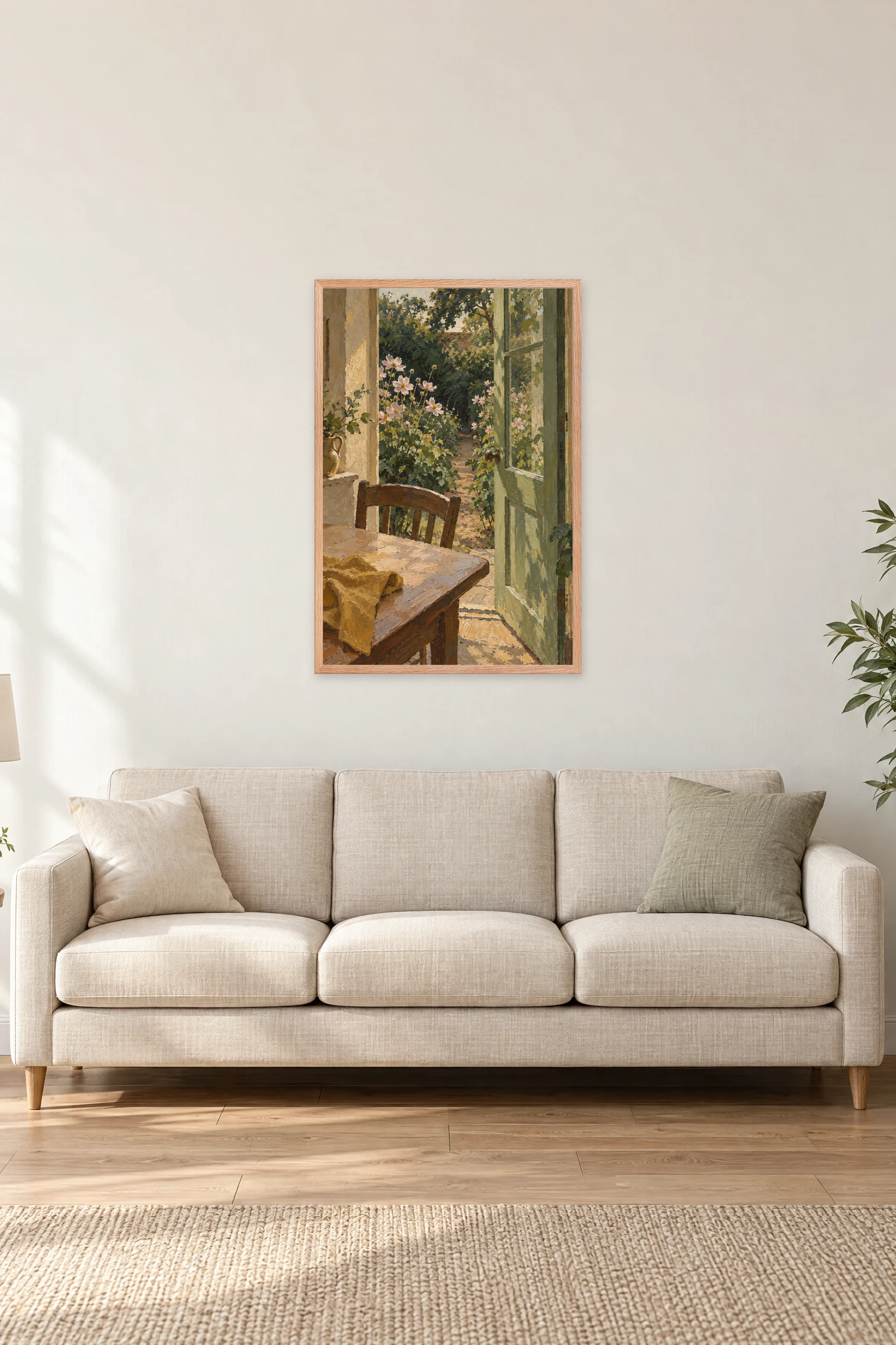 "Open Garden Door Painting" Premium Wooden Framed Poster — Natural Wood frame, 24 × 36 in