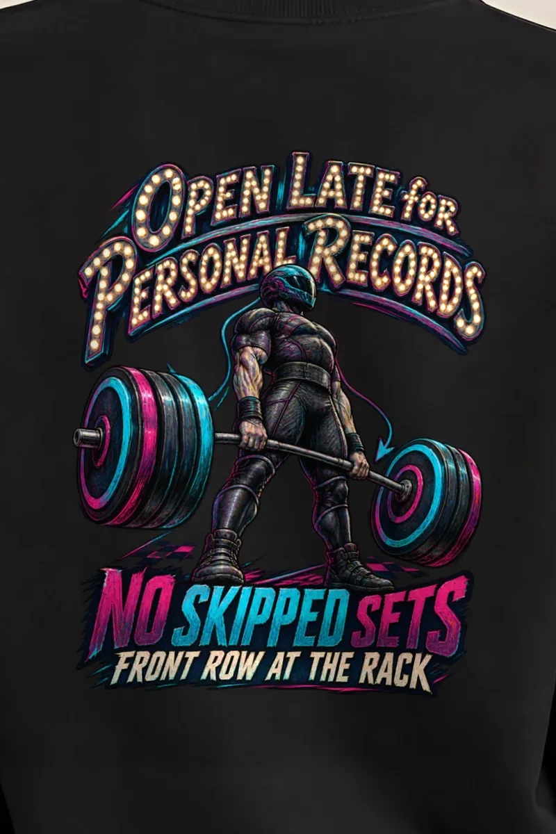 "Open Late for Personal Records" Heavy Blend Unisex Crewneck Sweatshirt - the graphic up close