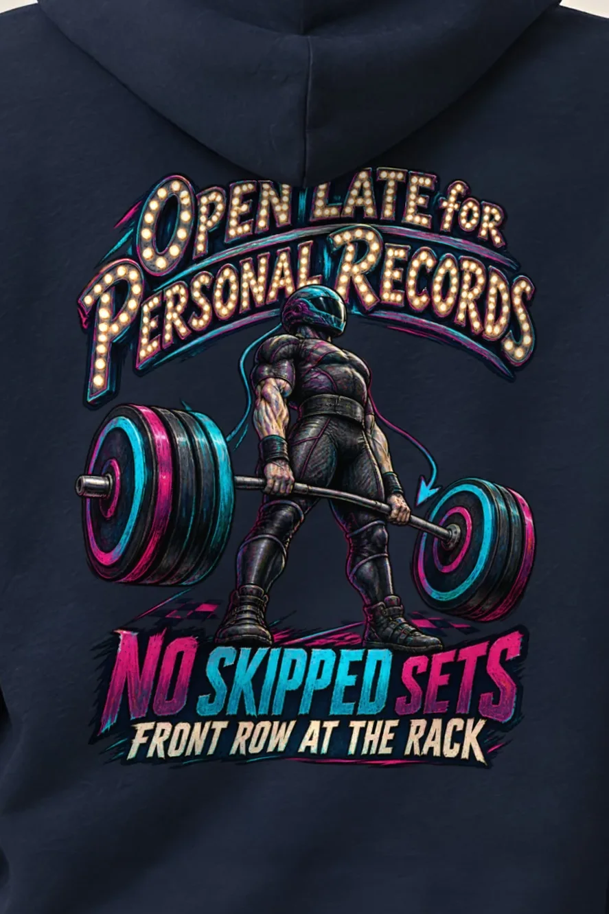 "Open Late for Personal Records" Heavy Blend Unisex Pullover Hoodie - the graphic up close