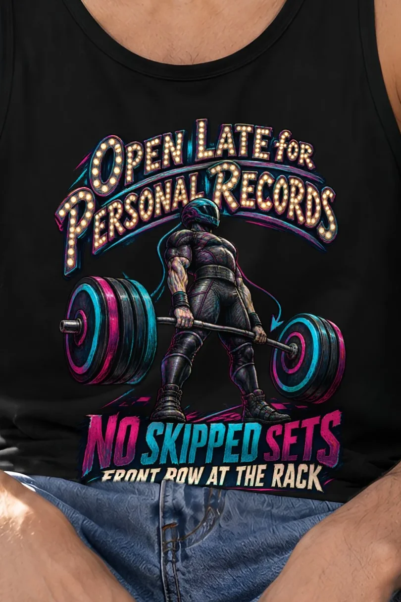 "Open Late for Personal Records" Unisex Jersey Tank - the graphic up close
