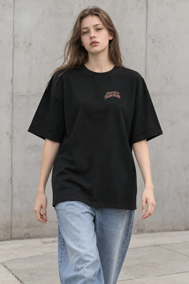 "Open Late for Personal Records" Unisex Oversized Heavyweight Crewneck T-Shirt