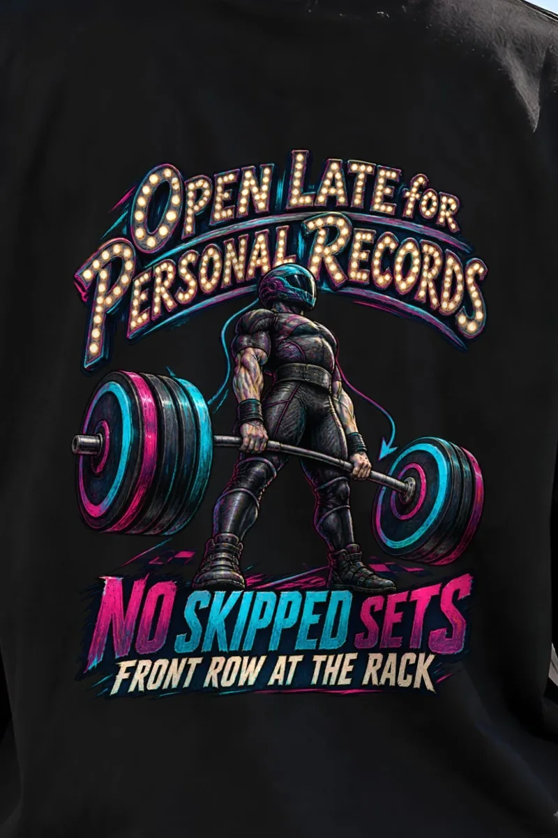 "Open Late for Personal Records" Unisex Oversized Heavyweight Crewneck T-Shirt - the graphic up close