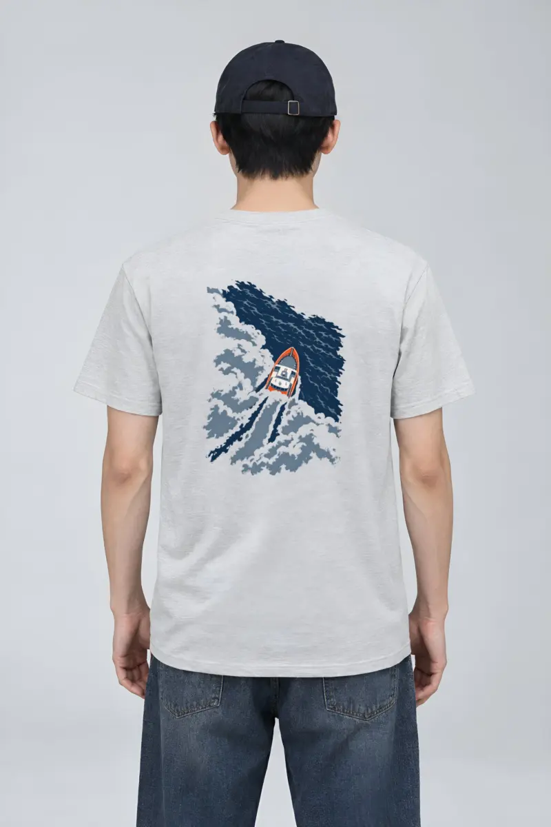 “Orange Boat Through Fog” Heavyweight Unisex Crewneck T-shirt
