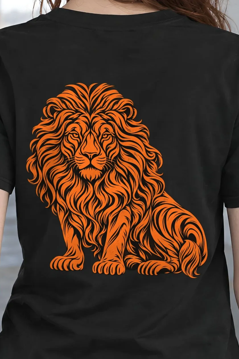 "Orange Ink Lion" Heavyweight Unisex Crewneck T-shirt - the graphic up close