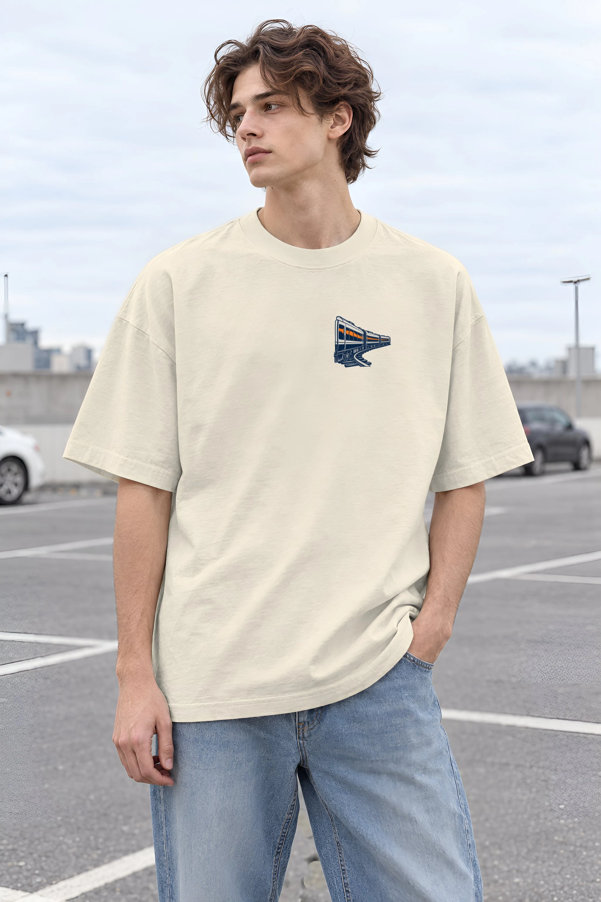 "Orange Window Passenger Train" Men's Oversized Heavyweight Crewneck T-Shirt