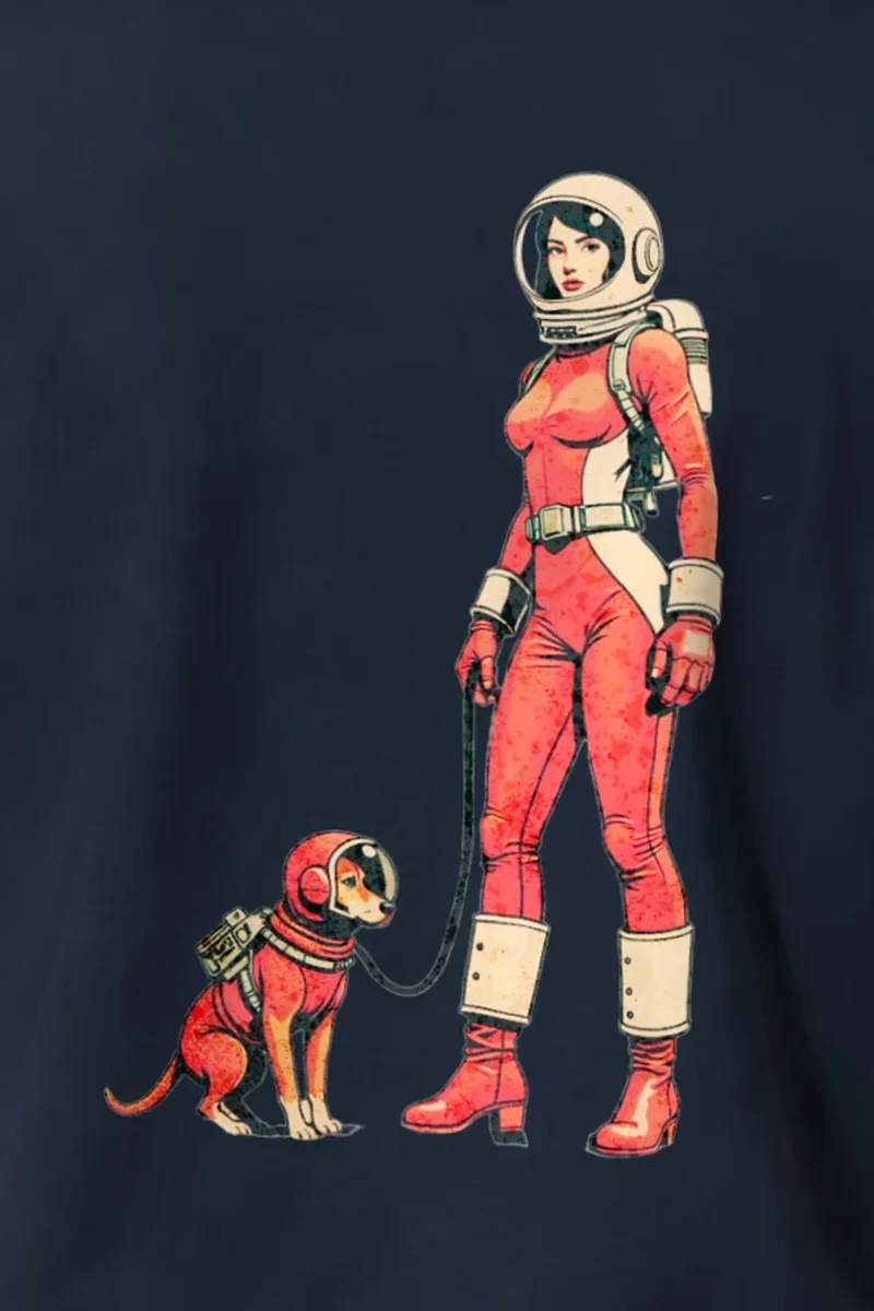 "Orbit Dog" Heavyweight Unisex Crewneck T-shirt - the graphic up close