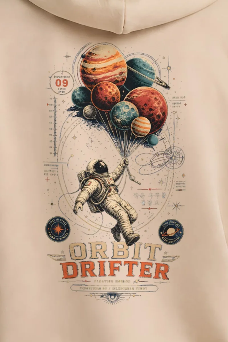 "Orbit Drifter" Unisex Pullover Hoodie - the graphic up close