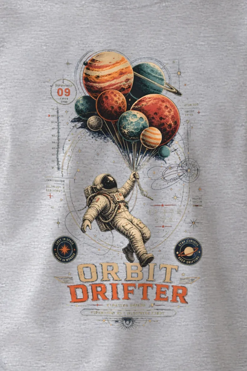 "Orbit Drifter" Unisex Longsleeve T-shirt - the graphic up close