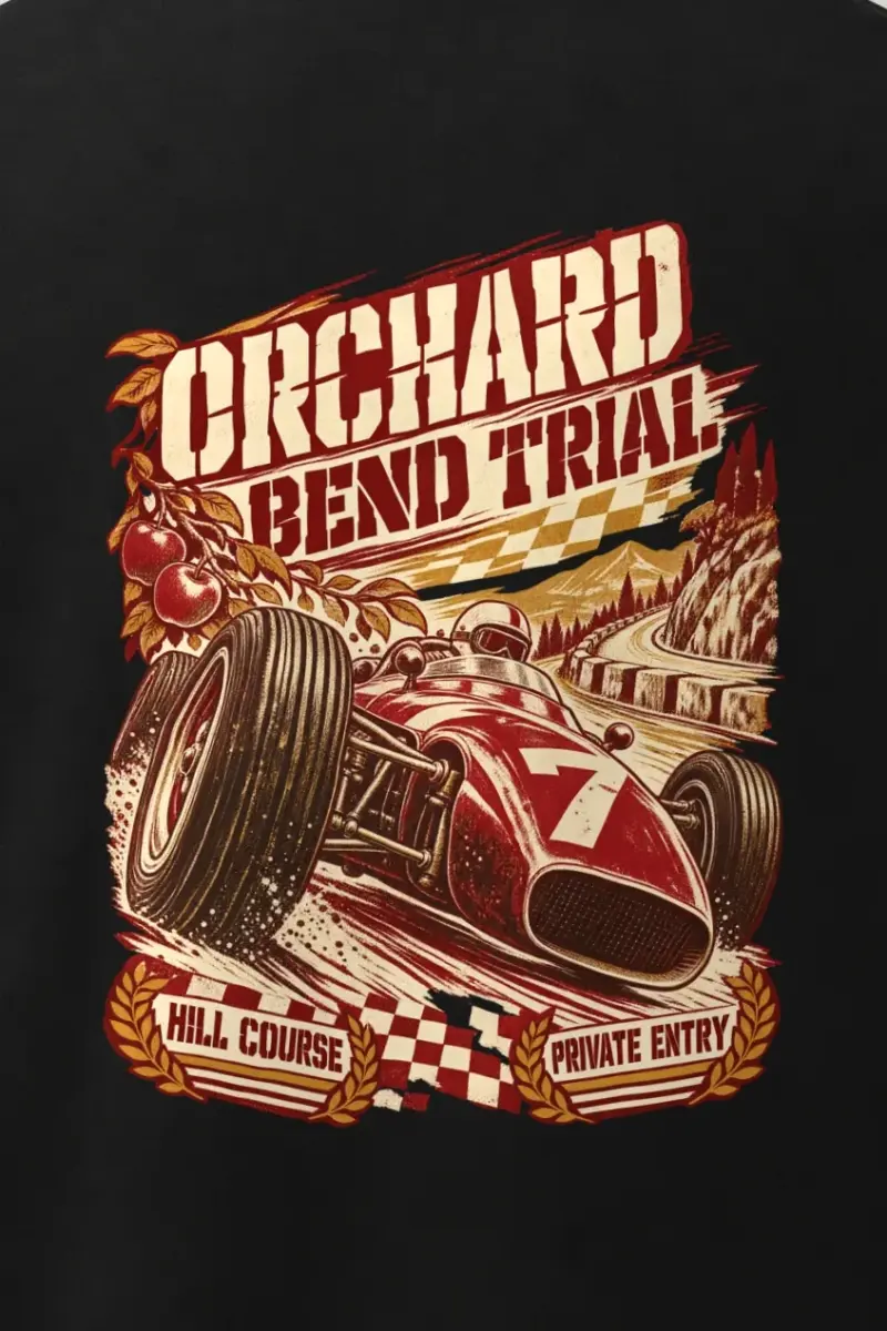 "Orchard Bend Trial" Men’s Oversized Heavyweight Crewneck T-Shirt - the graphic up close