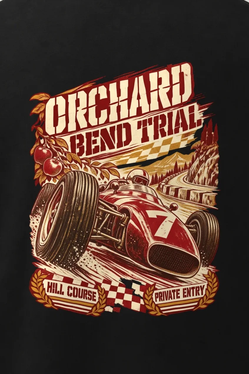 "Orchard Bend Trial" Men’s Oversized Heavyweight Crewneck T-Shirt - the graphic up close