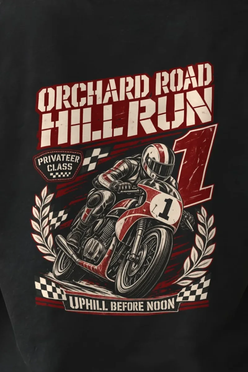 "Orchard Road Hill Run" Heavyweight Unisex Crewneck T-shirt - the graphic up close