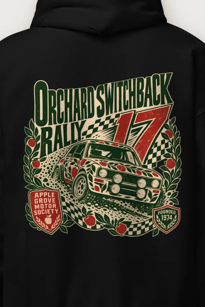 "Orchard Switchback Rally" Heavy Blend Unisex Pullover Hoodie - the graphic up close