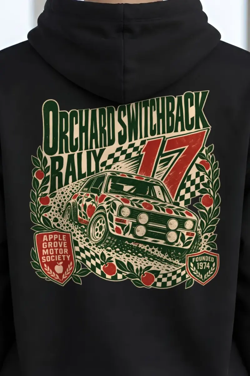 "Orchard Switchback Rally" Heavy Blend Unisex Pullover Hoodie - the graphic up close