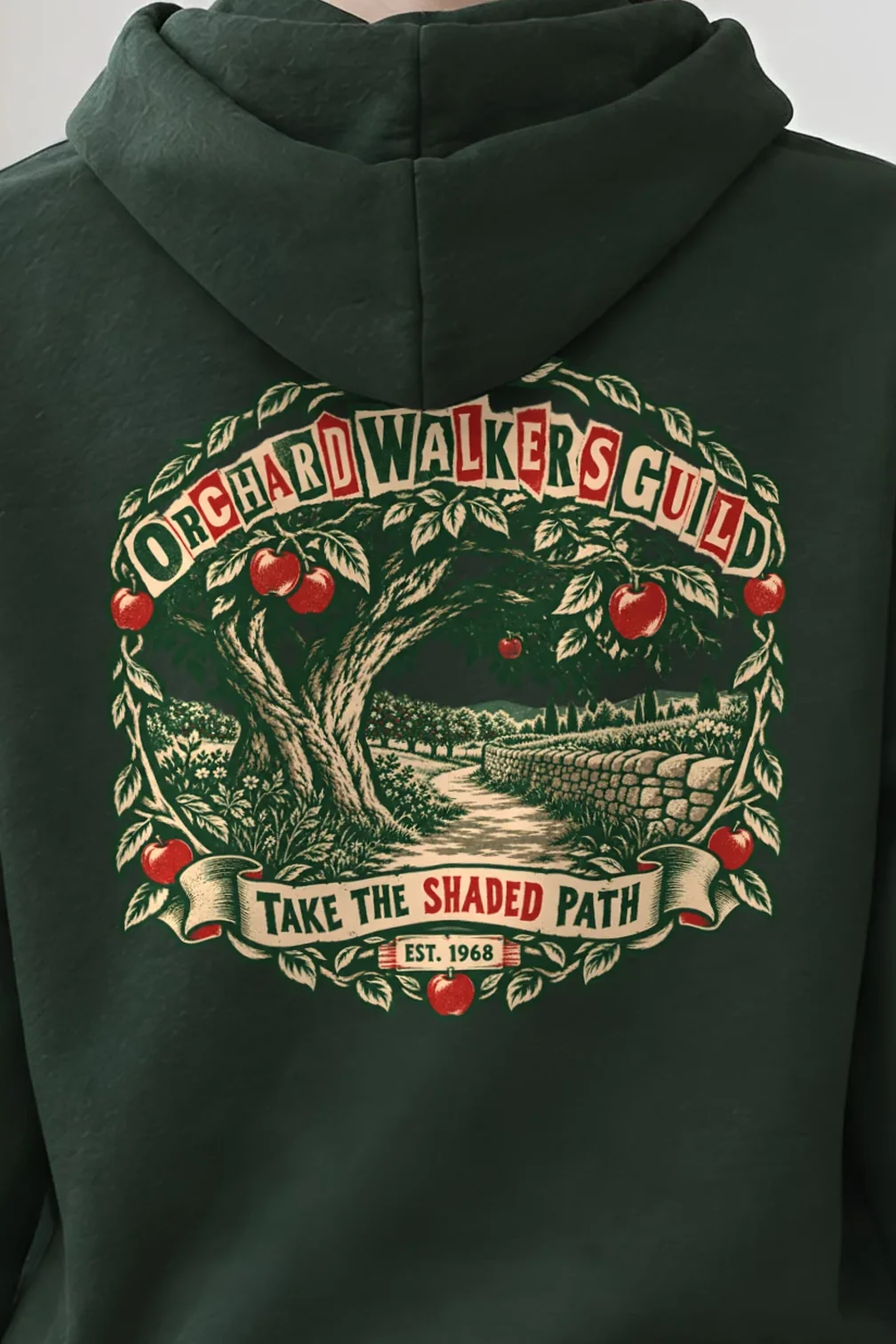 "Orchard Walkers Guild" Heavy Blend Unisex Pullover Hoodie - the graphic up close