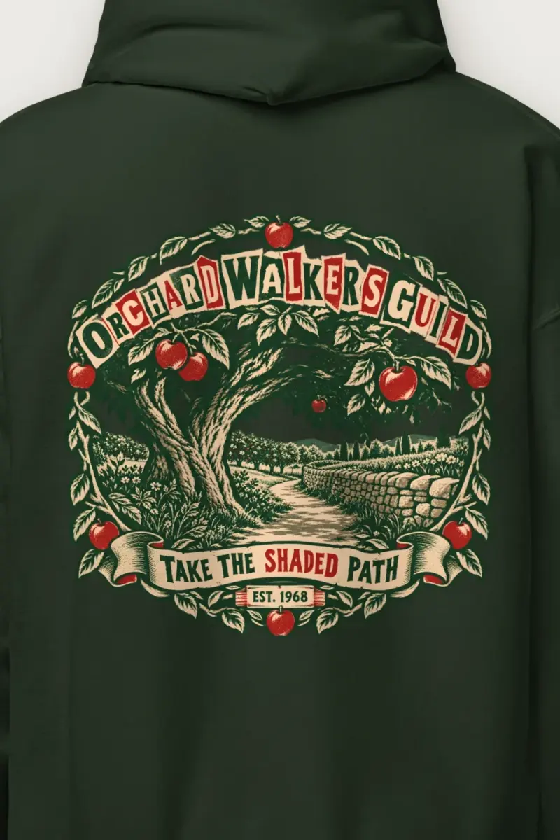 "Orchard Walkers Guild" Heavy Blend Unisex Pullover Hoodie - the graphic up close