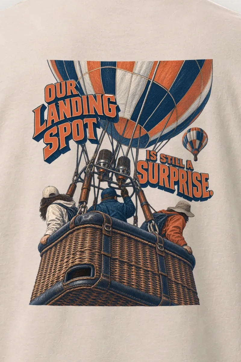 "Our Landing Spot Is Still a Surprise" Heavyweight Unisex Crewneck T-shirt - the graphic up close