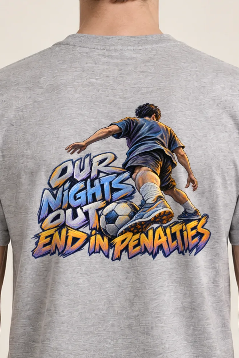 "Our Nights Out End in Penalties" Heavyweight Unisex Crewneck T-shirt - the graphic up close