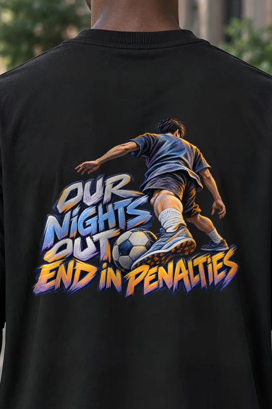 "Our Nights Out End in Penalties" Men’s Oversized Heavyweight Crewneck T-Shirt - the graphic up close