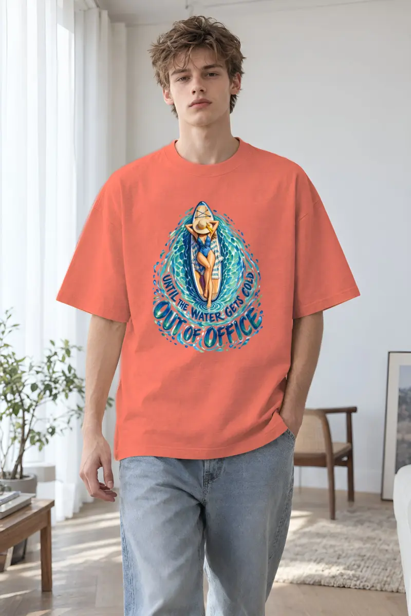 "Out of Office Until the Water Gets Cold" Unisex Oversized Heavyweight Crewneck T-Shirt