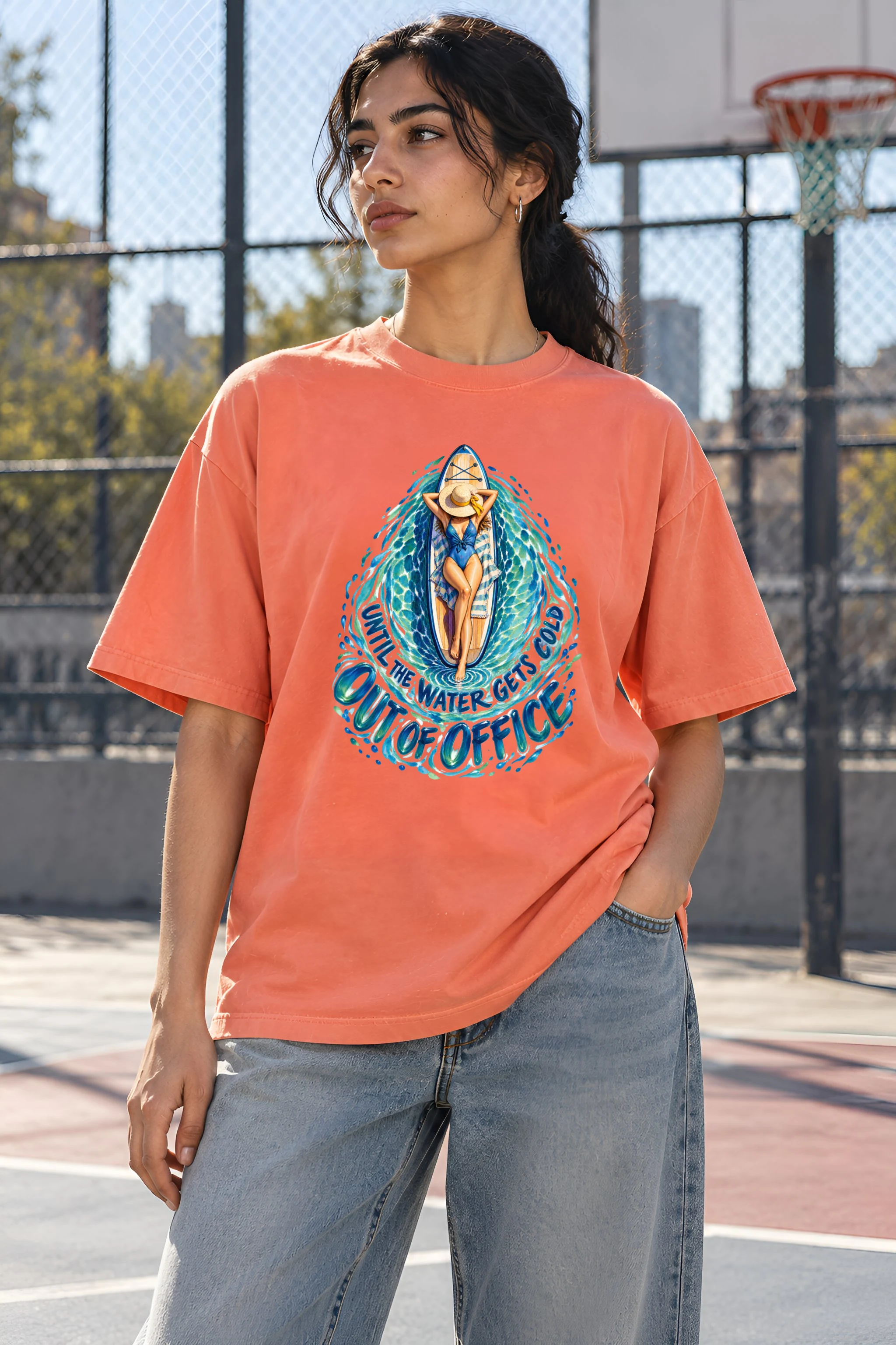 "Out of Office Until the Water Gets Cold" Unisex Oversized Heavyweight Crewneck T-Shirt