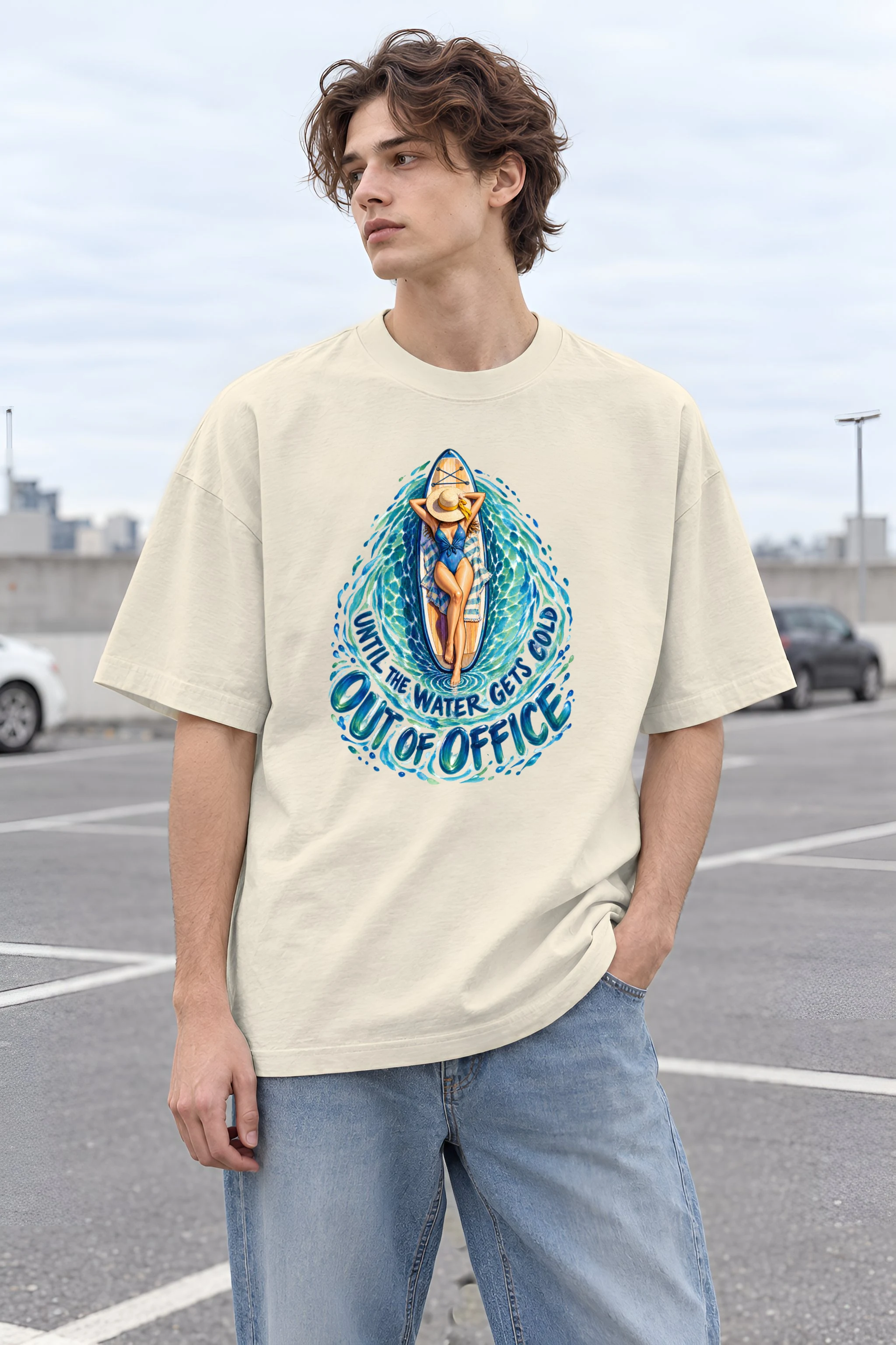 "Out of Office Until the Water Gets Cold" Unisex Oversized Heavyweight Crewneck T-Shirt