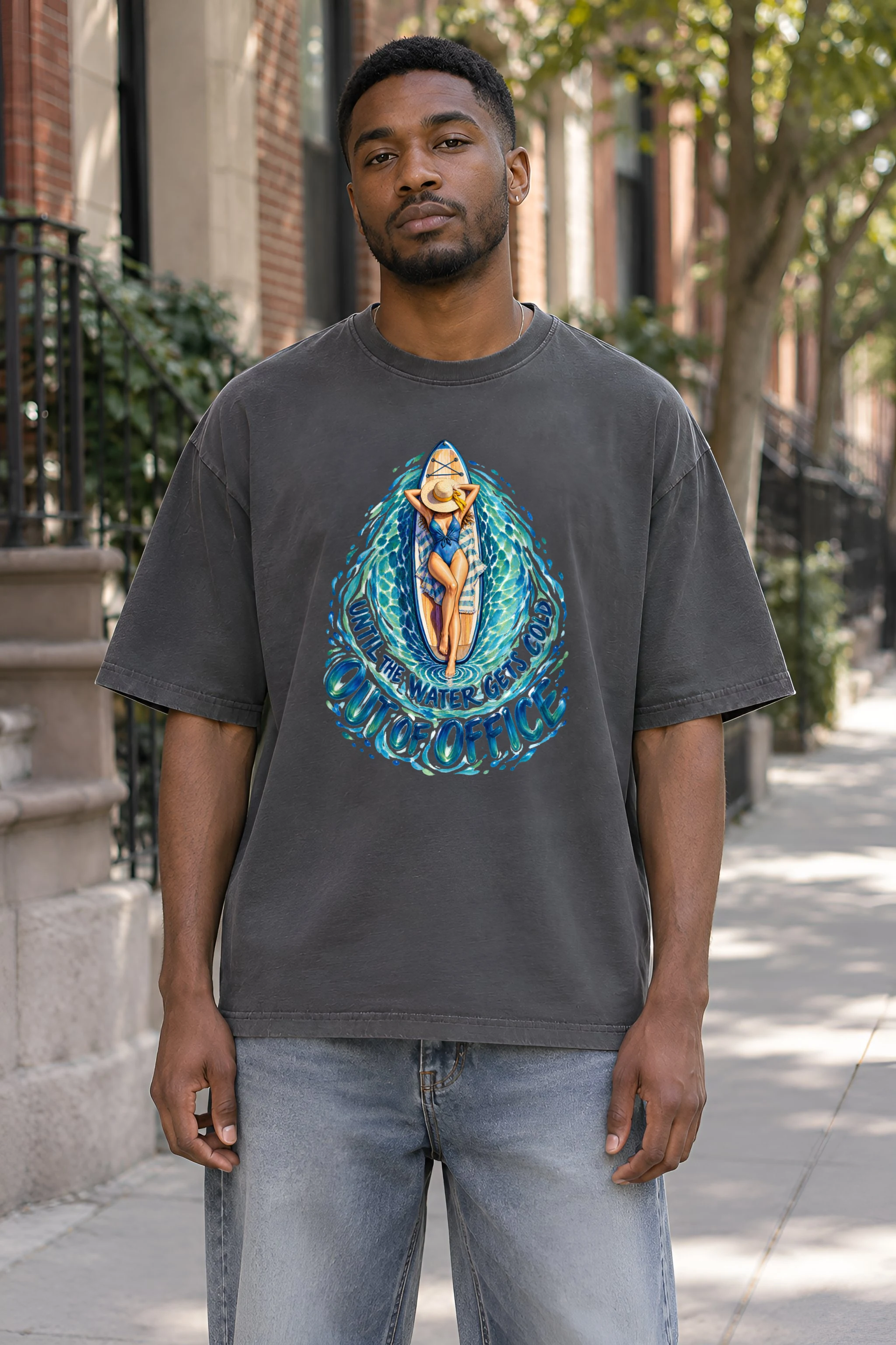 "Out of Office Until the Water Gets Cold" Unisex Oversized Heavyweight Crewneck T-Shirt
