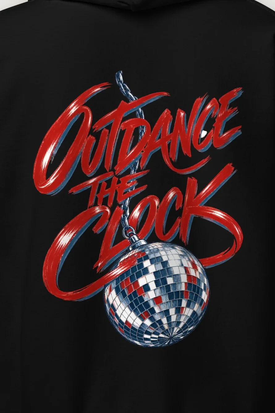 "Outdance the Clock" Heavy Blend Unisex Pullover Hoodie - the graphic up close